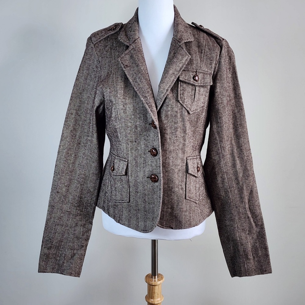 Bluenotes Herringbone Blazer Womens Large Brown Hipster Dark Academia Preppy NEW
